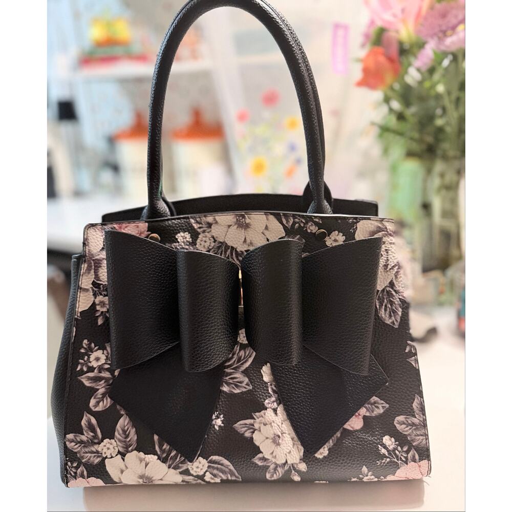 Crossi Floral Bow Satchel Crossbody Handbag Black Pink